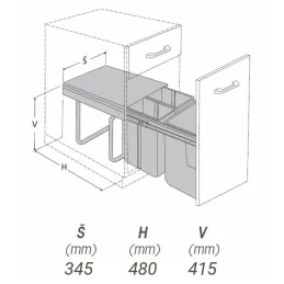 Izvlečni koš za odpadke 400 mm – 2 × 10 l + 1 × 20 l z nosilci za vrata / siv